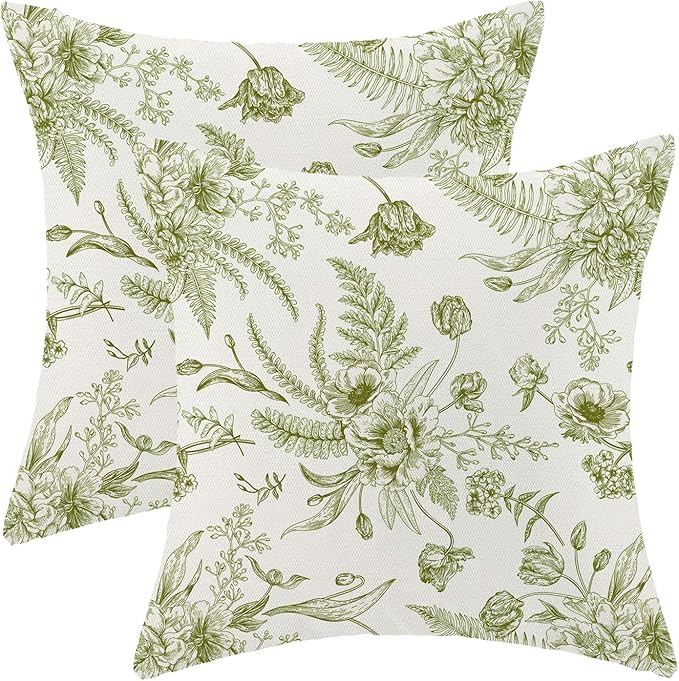 CXMEIFLY Sage Green Spring Pillow Covers 22 x 22 Inch Set of 2 for Chinoiserie Flowers Decor Throw Pillows Floral Leaves Seasonal Plant Outdoor Decorative Cushion Cases for Couch Bed Decorations