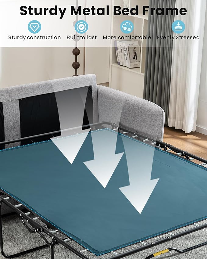 Queen Size Pull Out Sofa Bed, 2 in 1 Convertible Sleeper Sofa Couch with Pullout Bed, Memory Foam Mattress for Living Room Office, Space-Saving, Light Grey