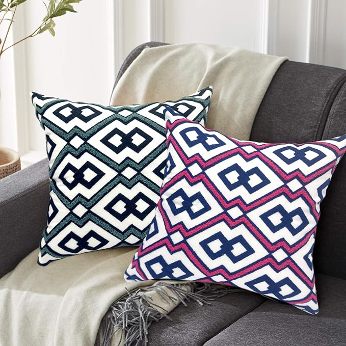 Alysheer Embroidered Decorative Throw Pillow Cover 18"x 18" Set of 2, Classic Boho Geometric Embroidery Pattern Cotton Rectangular Cushion Case for Sofa Couch Living Room Bedroom (Blue Pink)