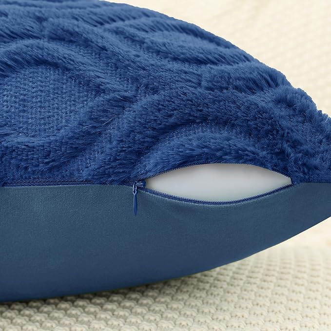 decorUhome Fall Throw Pillow Covers 26x26 Inch Set of 2, Soft Plush Decorative Faux Fur Dark Blue Solid Couch Pillow Covers, Accent Farmhouse Neutral Square Euro Pillow Cases for Sofa Bed Living Room