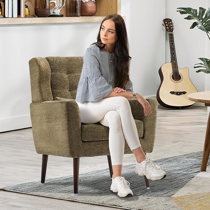Modern Accent Chair, Upholstered Armchair with Pillow, Fabric Single Sofa Chair with Lounge Seat and Wood Legs Accent Chair for Living Room Bedroom Small Spaces (Avocado, Set of 1)