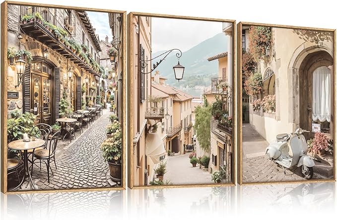 HPINUB Foreign Scenery Framed Canvas Wall Art Set,Vintage Travel City Wall Decor,Modern Minimalist Europe Street Picture Artwork Nature Landscape Art Print for Living Room,Bedroom-24 x36 x3