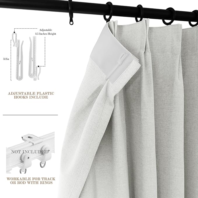 100" W x 84" L Faux Linen Room Divider Curtains, Full Blackout Pinch Pleated Drapes for Traverse Rod, Bedroom Divider Privacy Drapery with Hooks for Ceiling Track, 1 Panel, Greyish White