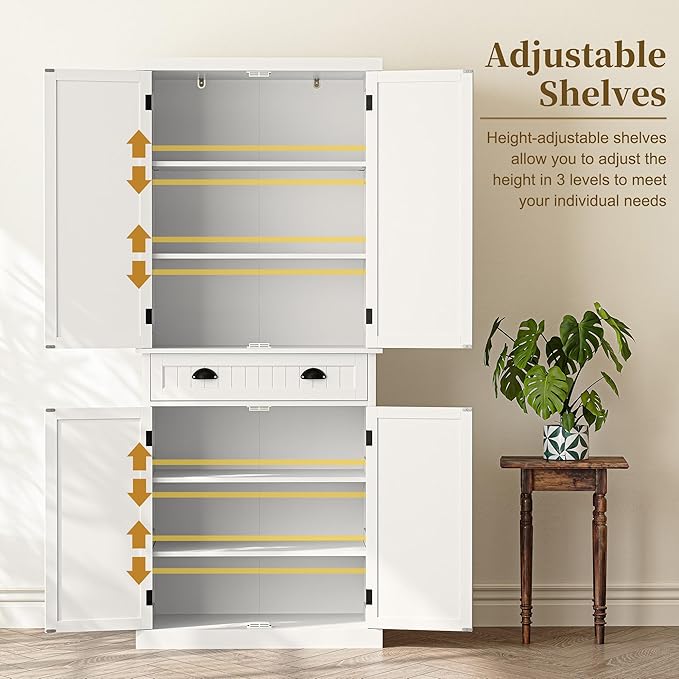 ARTPOWER 72" Tall Kitchen Pantry Storage Cabinet with Drawer and Adjustable Shelves, Pantry Cabinet for Kitchen, Bathroom or Hallway, White