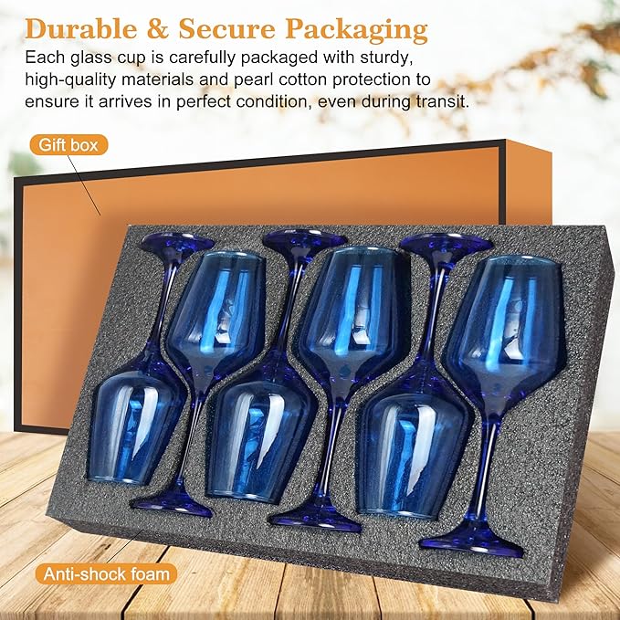 Blue Wine Glasses Set of 6-12oz Blue Long Stem Wine Glass Cups, Pretty Crystal Glassware, Hand Blown Goblets Drinkware, Unique Drinking Stemware Holiday Gift Set