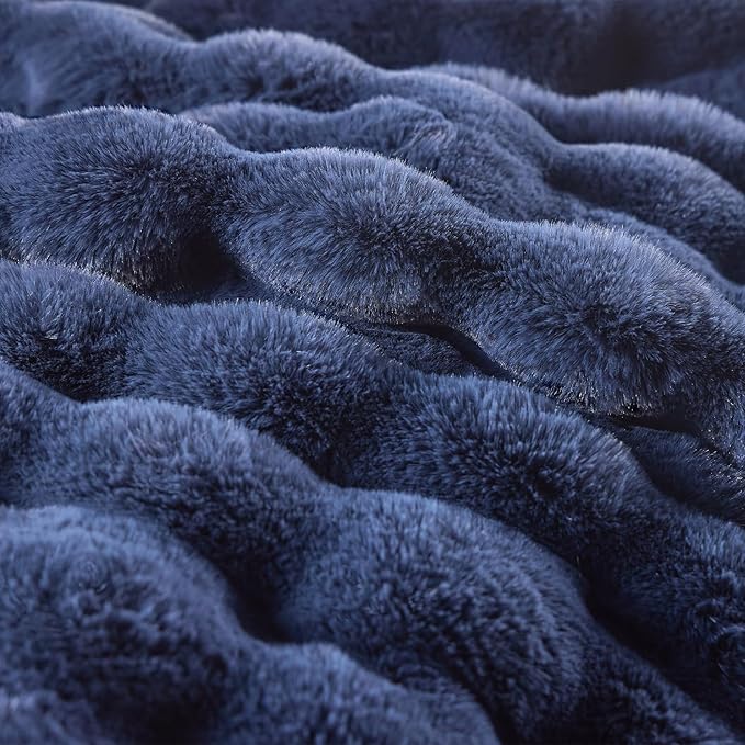 BENVWE Fluffy Faux Fur Throw Blanket for Couch, Soft Plush Thick Cozy Fuzzy Luxury Minky Bubble Blanket for Home Living Room Decor Gift for Women, Navy Blue, 63" x 80", 1100GSM