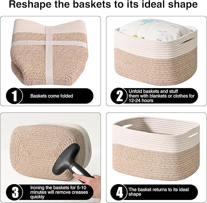 Storage Baskets for Shelves, Woven Storage Basket, Bins for Cube Storage, Cotton Rope Basket with Handles for Toy, Book, and Clothes Living Room, (4 Packs) Off White & Brown