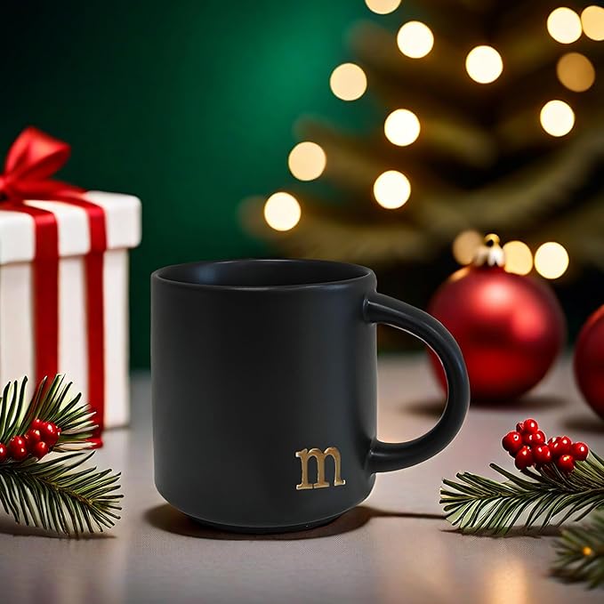 COLLECTIVE HOME - Black Monogram Ceramic Mugs, 15 oz Golden Initial Coffee Cups, Elegant Alphabet Tea Mugs, Personalized Halloween Mug with Gift Box, Perfect for Office and Home Décor (m)