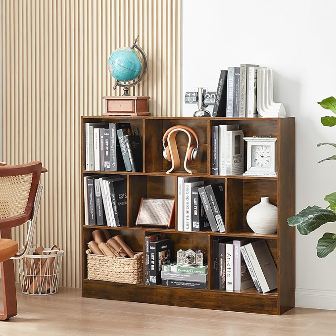 LEYAOYAO 10 Cube Bookshelf with Base,3 Tier Mid-Century Modern Grey Bookcase,Standing Wide Bookshelves Storage Organizer Shelf,Rustic Wood Display Cabinet Book Shelves for Bedroom,Living Room,Office