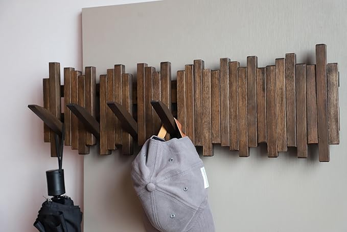 Natural Wood Wall Mounted Piano Coat Rack| Coat Rack Wall Mount| Flip Down Wall Hook Rack 7 Hooks| Entryway Wall Art Hook,Made of Acacia Wood (Wood Wax Oil Dyed Walnut Color).Wall Art