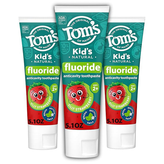 Tom's of Maine ADA Approved Fluoride Kids Toothpaste, Natural Toothpaste, Dye Free, No Artificial Preservatives, Silly Strawberry, 5.1 oz. 3-Pack (Packaging May Vary)