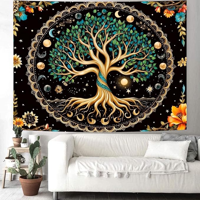 Delur Tree of Life Tapestry Moon Phase Nature Flower Plant Tapestry Wall Hanging Boho Mandala Spiritual Sun Aesthetic Psychedelic Headboard for Bedroom Living Room Home Decor (70.8" x 92.5")