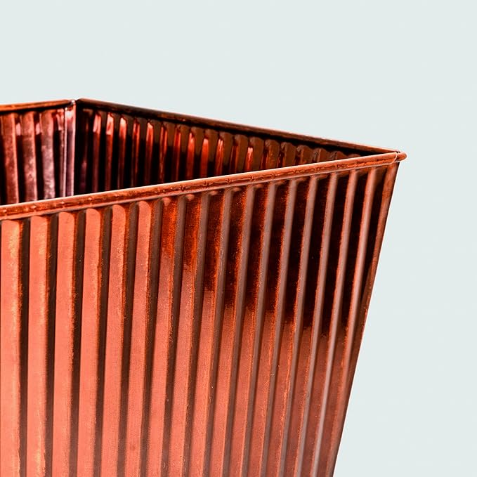 18in Vintage Handmade Metal Vertical Lines Copper Tapered Planters Set of 2, Galvanized Steel Planter Box with Drainage Hole for Indoor/Outdoor/Porch/Garden