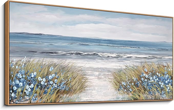 XLSJERST Framed Wall Art for Bedroom Decor - Farmhouse Boho Beach Coastal Vintage Floral Ocean Wall Picture Daisy Flowers Sea Canvas Print Nautical Neutral Seascape Artwork for Home Living Room