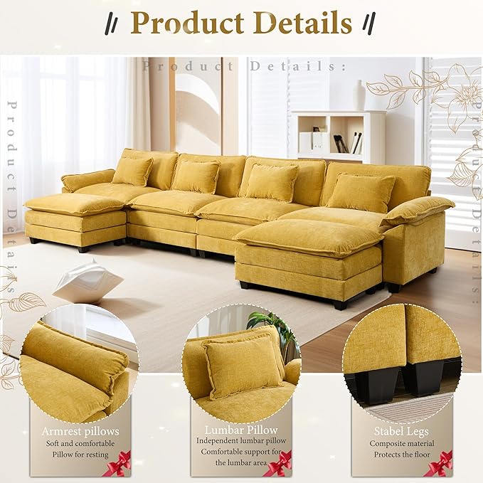 URRED Modular Sectional Sofa Comfy Cloud Couch, Modern Chenille Sofa Sleeper Deep Seat Couches with Ottoman/Pillows for Living Room (Yellow, 154'' - U Shape)