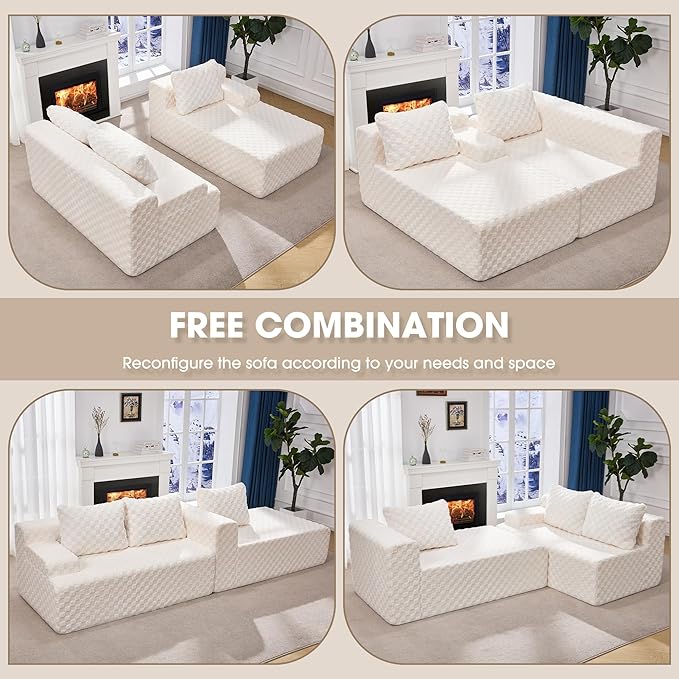 Hobestluk 96“ Modular Sectional Sofa Couches L-Shape Couch 3 Seat Modular Sofa Memory Foam Sectional Couches for Living Room, Cloud Couch with Oversized Chaise (White, Checked (Right Facing Chaise))