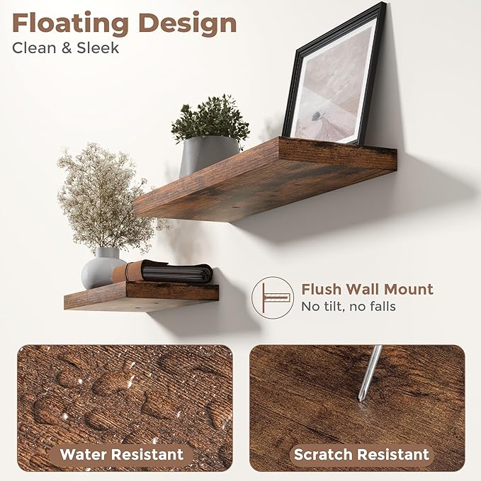 55 Inch Floating Shelves for Wall Set of 2, 8"D Wood Grain Bathroom Shelves with Invisible Brackets, Easy Install Engineered Wood Storage Shelves for Kitchen, Living Room, Bedroom, Rustic Brown Finish