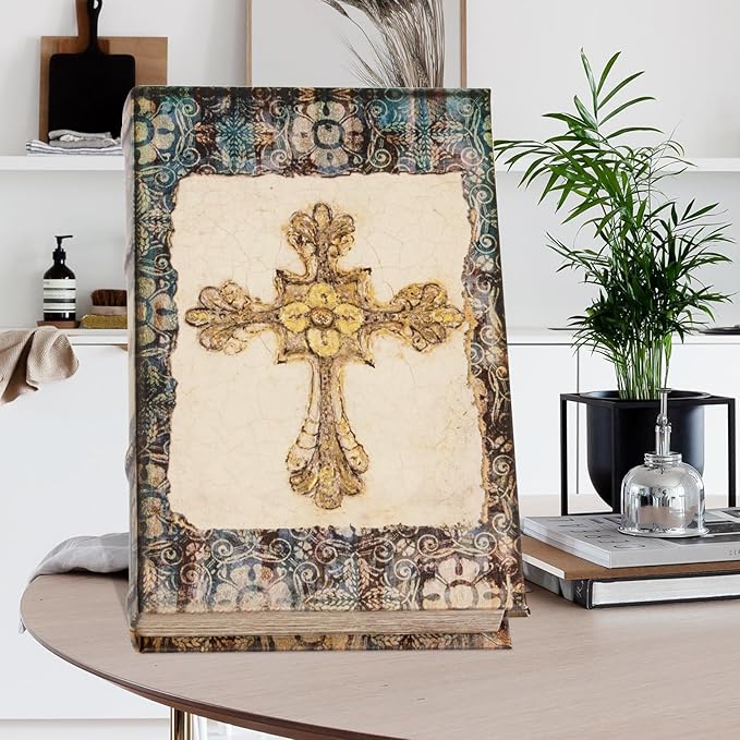 Vintage Style Wooden Decorative Book Box - Faux Leather, Christian Cross Pattern, Gift Idea