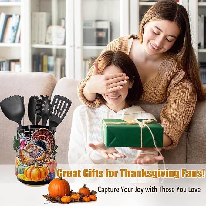 Thanksgiving Turkey Utensil Holder, Thanksgiving Turkey Pumpkin Kitchen Decor Utensil Organizer for Countertop, Fall Metal Cooking Tools Farmhouse Counter Decor, Kitchen Gifts Utensil Caddy Harvest