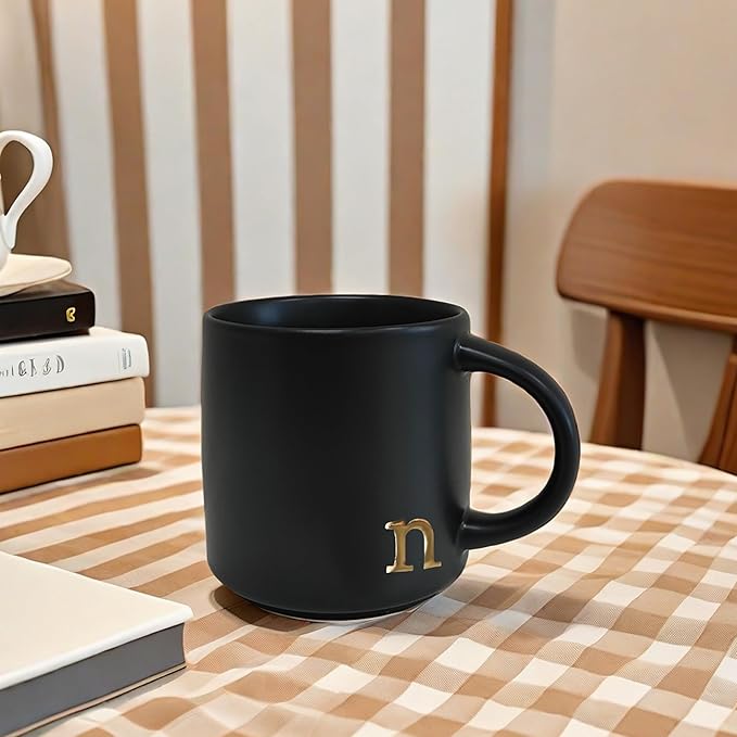 COLLECTIVE HOME - Black Monogram Ceramic Mugs, 15 oz Golden Initial Coffee Cups, Elegant Alphabet Tea Mugs, Personalized Halloween Mug with Gift Box, Perfect for Office and Home Décor (n)