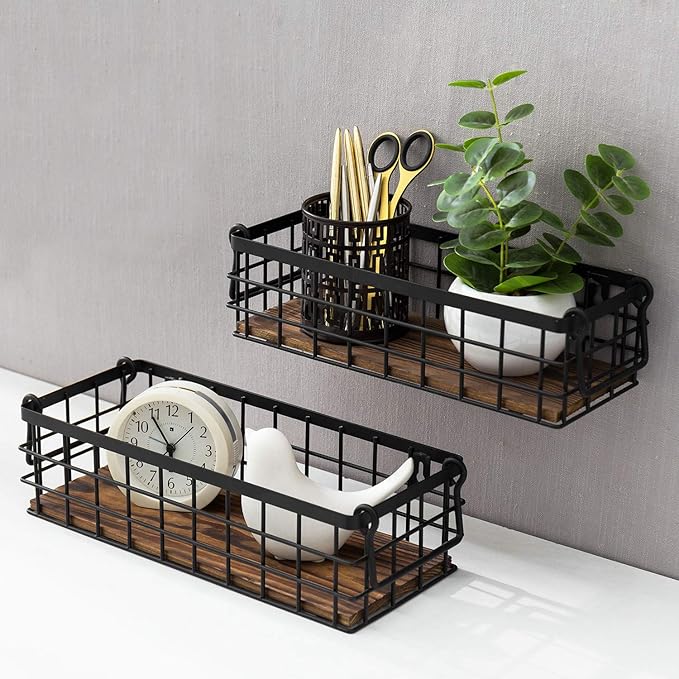MyGift Set of 2 Wire Baskets for Pantry, Wall Mounted or Tabletop Black Metal Baskets for Organizing with Burnt Wood Base and Handles