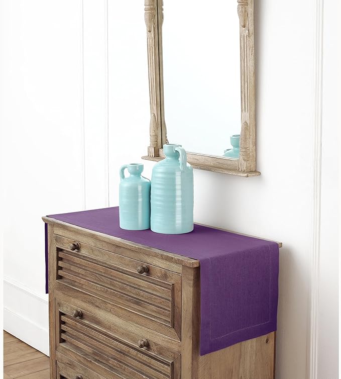 Solino Home Linen Purple Table Runner 72 Inches Long - 100% Pure Linen Hemstitch Table Runner 14 x 72 Inch for Dresser, Dining, Fall, Autumn, Halloween, Thanksgiving - Classic Hemstitch