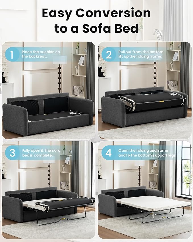 Queen Size Pull Out Sofa Bed, Convertible Sleeper Sofa Couch with Pullout Bed, 2 in 1 Sofa Bed Couch with Memory Foam Mattress for Living Room Office, Space-Saving, Dark Grey