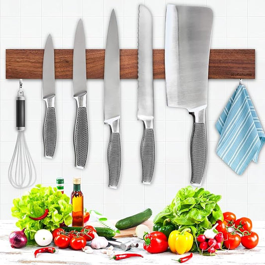 Magnetic Knife Holder for Wall, Magnetic Knife Strip No Drilling 16 Inch, Walnut Wood Magnet knife holder strip with 2 Hooks, Powerful Magnet Knife rack for Kitchen Utensils, Knives and Tools