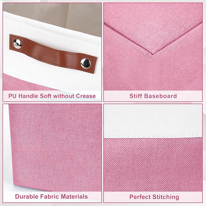 Collapsible Fabric Storage Cubes 11x11 Cube Storage Bins, 4 Pack Closet Baskets Box with Handles for Organizing, Shelf, Toys, Clothes, Home, Office, Nursery (Pink&White)