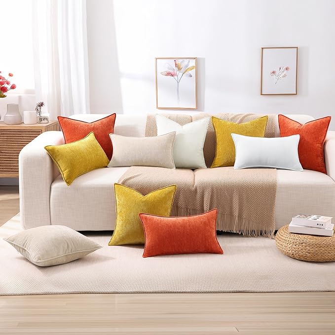 decorUhome Couch Throw Pillow Covers 26x26 Set of 2, Decorative Soft Euro Neutral Chenille Pillow Covers with Elegant Design for Sofa Bed Living Room Home Decor, Mineral Yellow