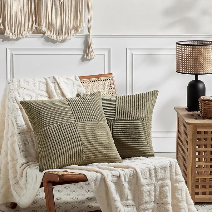 Fancy Homi 2 Packs Olive Green Big Decorative Throw Pillow Covers 24x24 Inch for Living Room Couch Bed, Rustic Farmhouse Boho Home Decor, Soft Corss Corduroy Patchwork Accent Cushion Case 60x60 cm