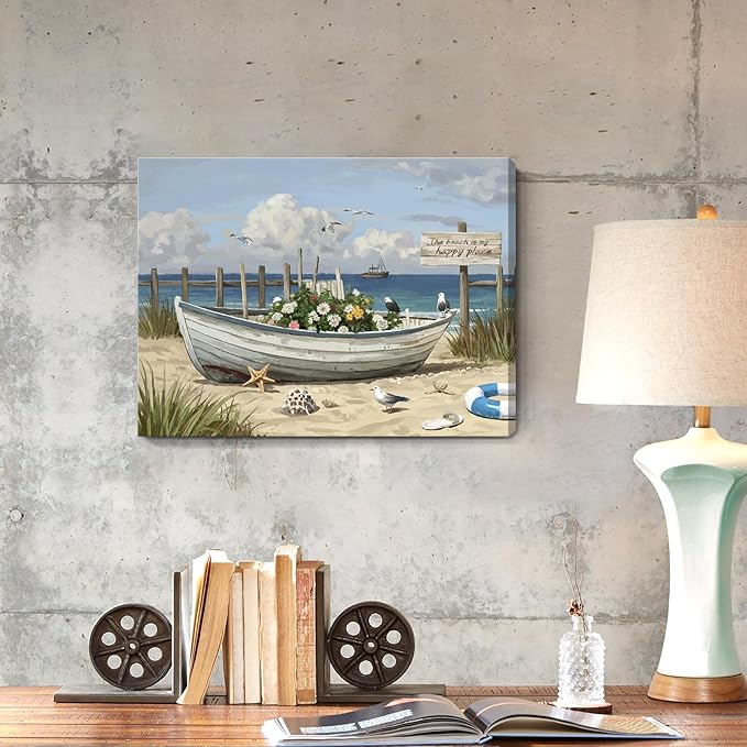 amatop Coastal Wall Art– Beach Scene Picture with Boat on Sandy Shore, Flowers and Sea Birds, Blue Ocean Seascape Themed Canvas Print Nautical Artwork for Bathroom and Bedroom Decor, Small 16x12 Inch