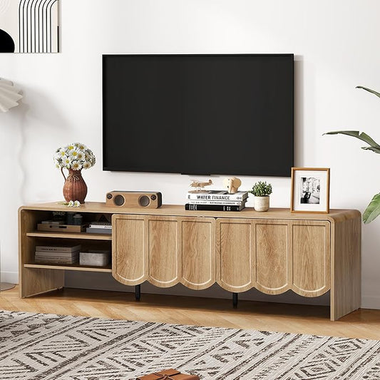 ORRD 63'' TV Stand, Modern TV Console Table Wave Panel Television Stands Entertainment Media Center with Storage Compartment and Sliding Door for Living Room (Natural)