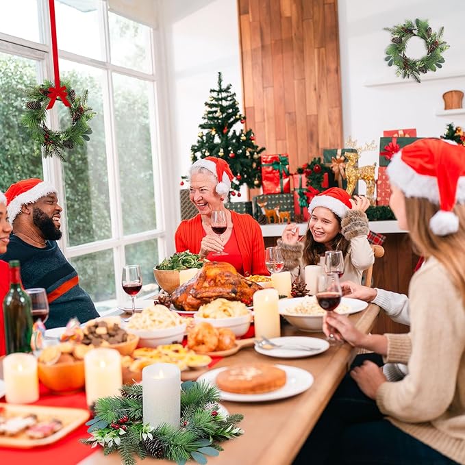 6 PCS 9" Small Christmas Norfolk Wreaths Mini Cabinet Wreaths for Kitchen with Red Berry Pinecone Cedar Bows Snowy Pine Wreath for Xmas Front Door Window Fireplace Home Table Pillar Stairs Decor