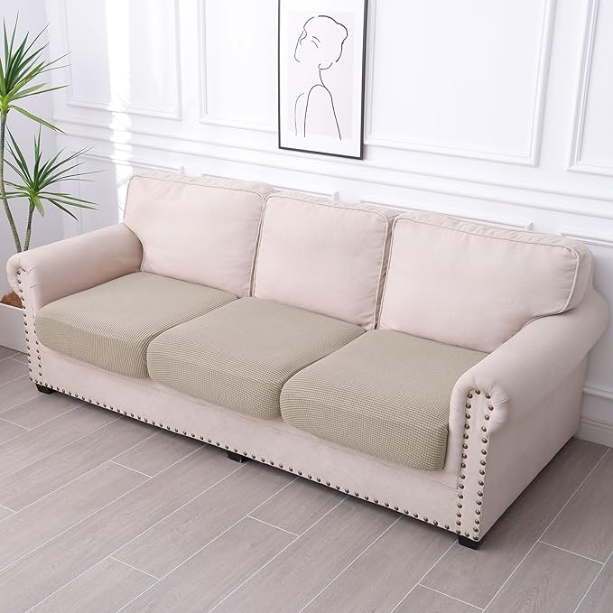 hyha Waterproof Couch Cushion Covers for Pets, Non Slip Sofa Seat Cover for Dogs Washable, Soft Thick Stretch Jacquard Fabric, Sofa Slipcovers with Elastic Bottom (3 Pieces, Taupe)
