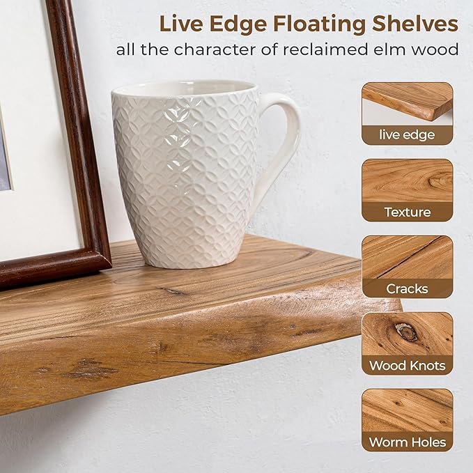 Axeman 55 inch Floating Shelves for Wall - 8'' D Live Edge Rustic Solid Elm Wood Floating Shelves Wall Mounted, Hanging Shelves with Invisible Bracket for Living Room Bedroom Kitchen, Natural