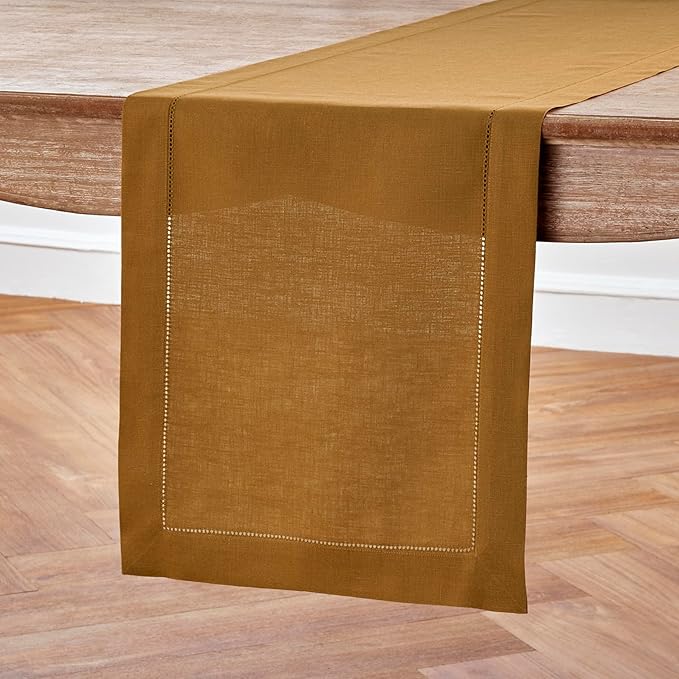 Solino Home Linen Table Runner 36 Inches - 100% Pure Linen Brown Sugar Hemstitch Table Runner 14 x 36 Inch Ideal for Dresser and Coffee Tables - Fall, Autumn, Thanksgiving - Classic Hemstitch
