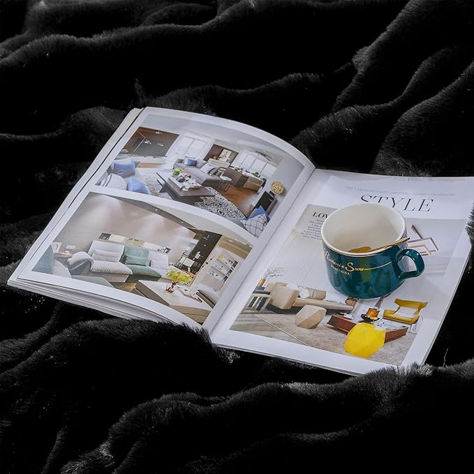 Black Fluffy Thick Fur Throw Blanket 50x60 for Bed Couch Office Chair Bunny Soft Blanket for Adults Gift Home Living Room Decorative Decor 860 GSM