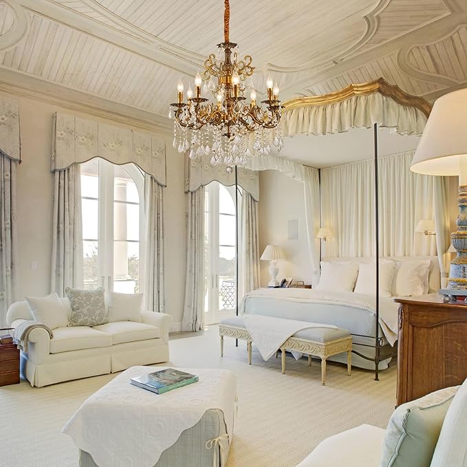 Vintage 8 Arms Crystal Chandelier Candle Light Fixture for Dining Room Living Room Bedroom Hallway Entryway Antique Gold Finish (27"-8 Lights)