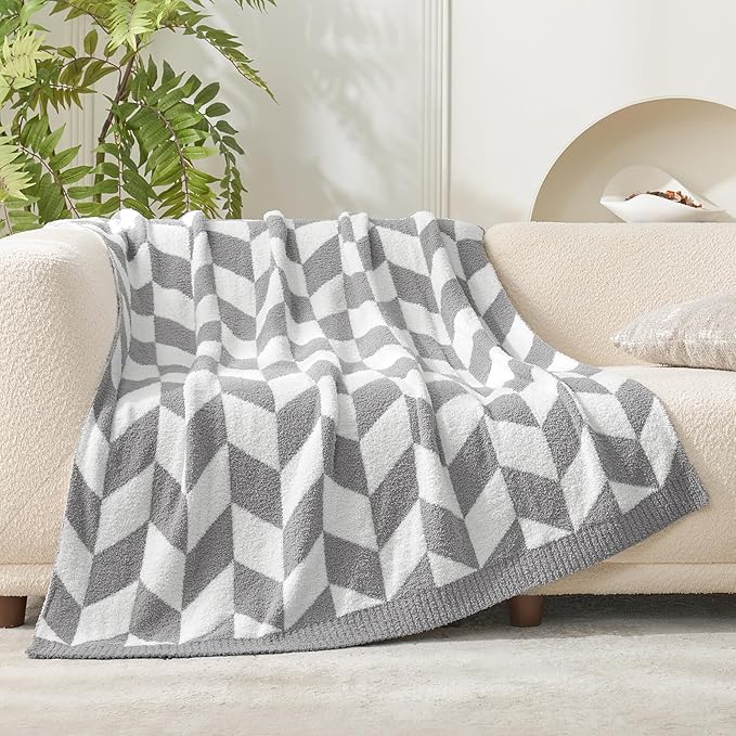 Snuggle Sac Chevron Throw Blanket for Couch, Reversible Super Soft Warm Blankets Cozy Knit Fuzzy Plush Lightweight Throws for Sofa, Bed, Camping,Grey,50x60 inches