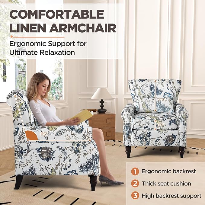 Wingback Accent Chair with Removable Pillow, High Back Floral Armchair with Solid Wood Legs & Nailhead Trim, Comfy Upholstered Reading Single Sofa Chair for Bedroom (2, Blue Floral Pattern)