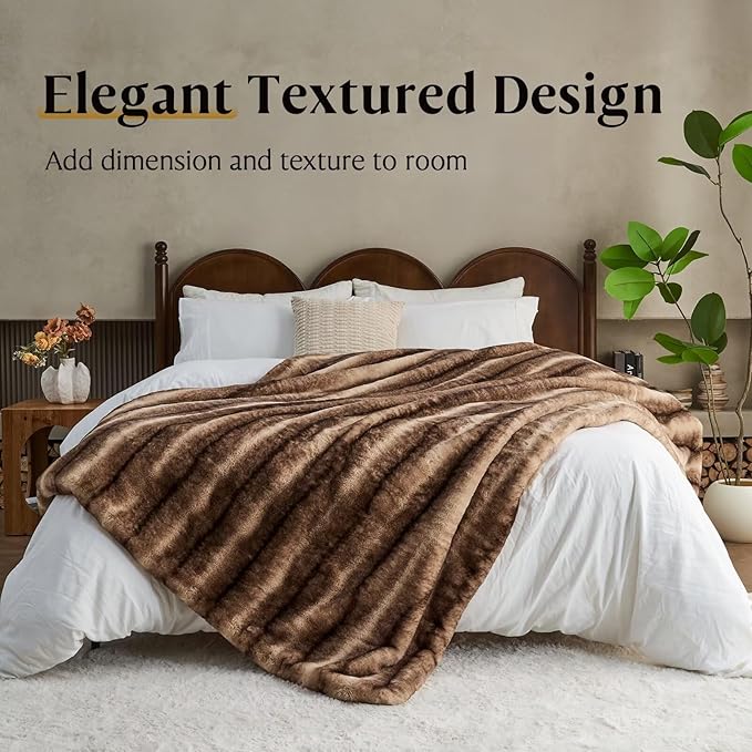 Luxury Faux Fur Blanket - Soft Warm Plush Blankets for Couch Sofa Bed, Fluffy Thick Throws for Bedroom, Office, Living Room, Decorative Reversible, Not Easy to shed - 60"x80", Brown