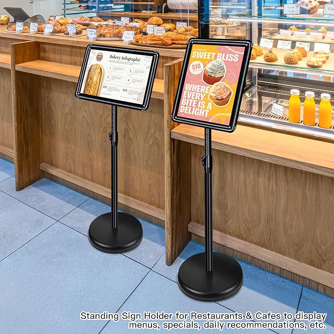 6 Pack Sign Stand for Display - Adjustable 8.5x11 Inch Floor Standing Sign Holder, Pedestal Poster Stand for Vertical&Horizontal View, Indoor&Outdoor Use for Business, Mall, Restaurant - Black