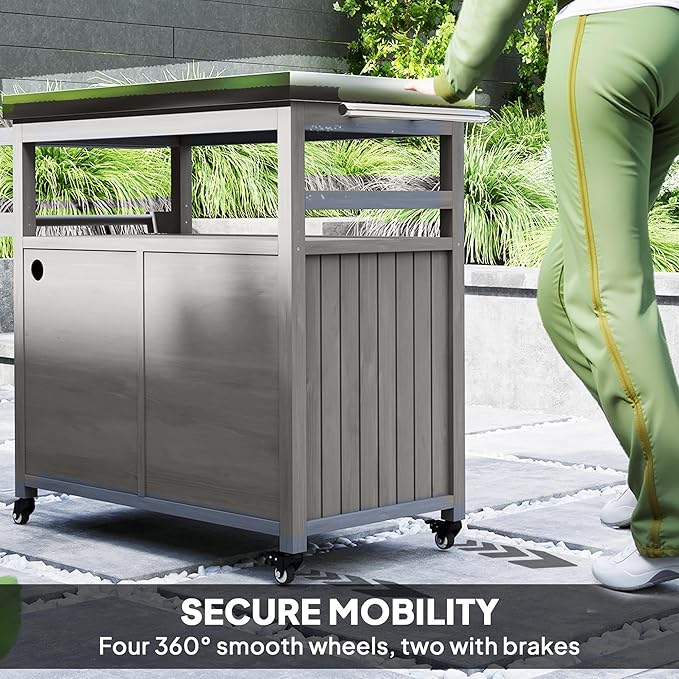 Outsunny Outdoor Grill Cart with Wheels and Storage, Solid Wood Outdoor Kitchen Island with Stainless Steel Top, Movable Bar Cart with Spice Rack, Side Handle, Integrated Hole for BBQ, Gray