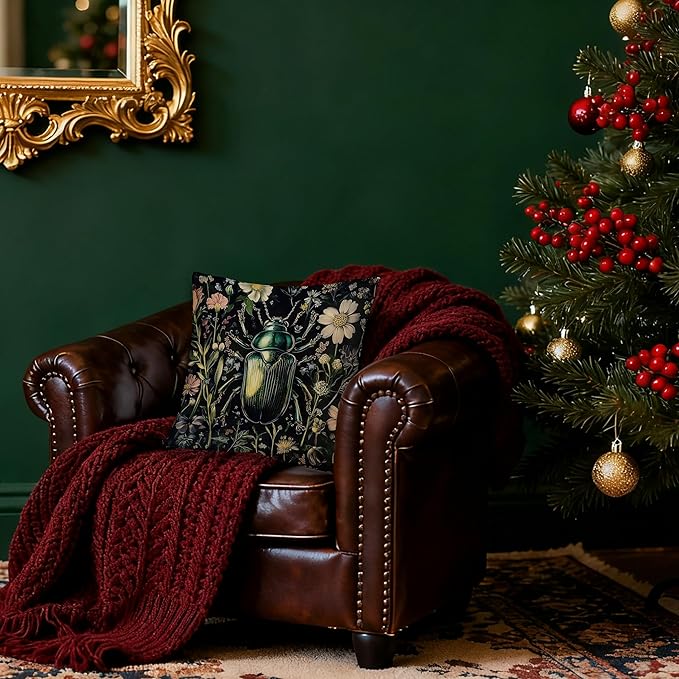 William Morris Inspired Floral Green Beetle Pillow Covers 18x18, Dark Cottagecore Botanical Wildflower Insect Decorative Throw Pillow Covers for Bedroom Living Room Home, Cottagecore Room Decor
