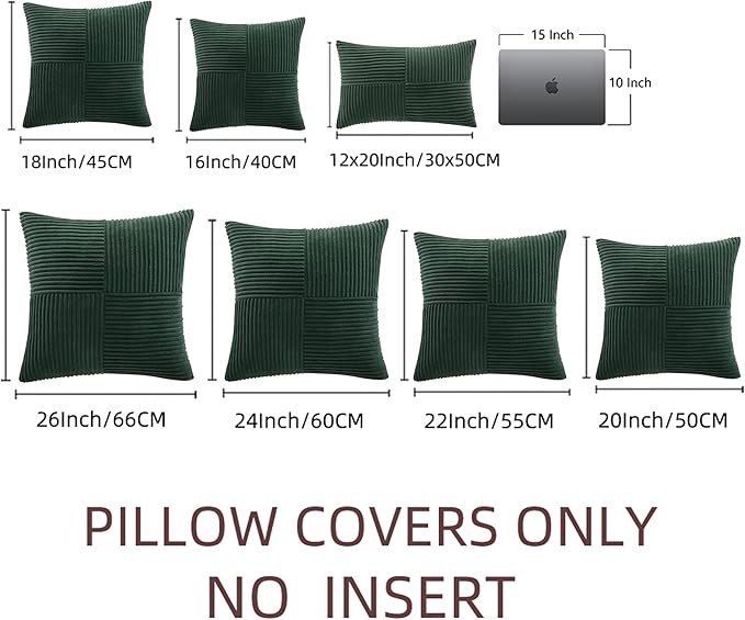 Fancy Homi Set of 2 Dark Green Decorative Throw Pillow Covers 26x26 Inch for Bedroom Couch Bed, Boho Farmhouse Forest Green Home Decor, Soft Corss Corduroy Patchwork Textured Cushion Case 66x66 cm