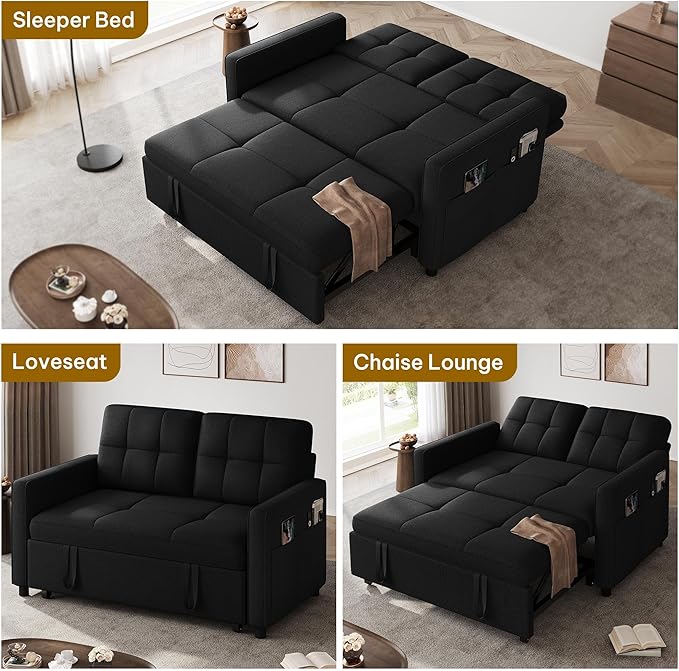 YITAHOME 55" Convertible Sofa Bed, 3-in-1 Sleeper Sofa with Iron Frame Pull-Out Bed, Linen Futon Couch with Reclining Backrest and Side Pocket, Modern Loveseat for Living Room Bedroom Apartment, Black