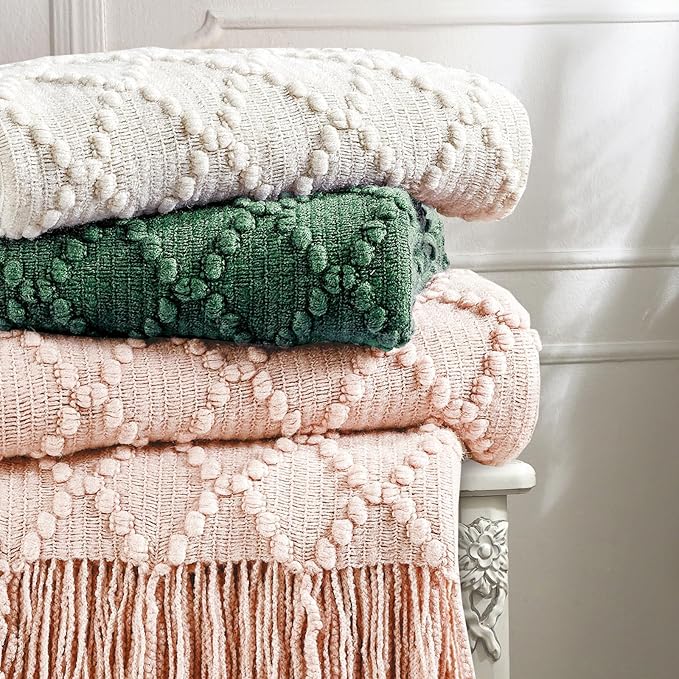 BOURINA Beige Throw Blanket 50 x70 Inches Jacquard Argyle Throw Textured Solid Soft Throws and Blankets for Sofa or Bed Knitted Decorative Blanket