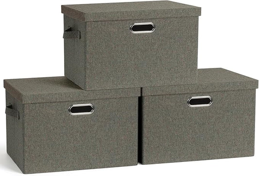 Large 17" 36 Quart Collapsible Stackable Storage Bins with Lids, 3 Packs Dark green Foldable Fabric Closet Storage Boxes with Lids, Heavy-duty Linen Cube Baskets(17x12x11)