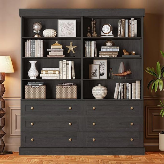Vyre 71" Tall Farmhouse Bookshelves with Drawers, Set of 2 – Large Modular Bookcase with Adjustable Shelves, Storage Cabinet for Living Room, Kitchen, Home Office, Black